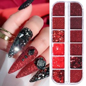 Polvos acrílicos Líquidos 12 Rejillas Brillo rojo Nail Art Powder Holográfico Redondo Hexágono Lentejuelas Lámina Sandy Dipping Manicura Accesorios LYRD05 231017