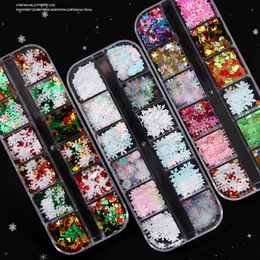 Polvos acrílicos Líquidos 12 Gridsbox Navidad Glitter Copo de nieve MixedColor SnowflakeTree Nail Flake Slice DIY BodyFace Manicura Lentejuelas 231121