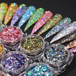 Polvos acrílicos Líquidos 12 frascos Brillo láser holográfico Lentejuelas mixtas Copos de rebanadas iridiscentes Paillette brillante metálico Arte de uñas Brillo cromado 231019