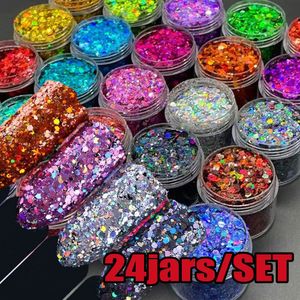 Acrylpoeders Vloeistoffen 24 kleuren Iriserende Nail Art Glitter Pailletten Set Net5g Holografische Kleurrijke Sparkly Hexagon Flakes Bottled Nail Pailletten 231128