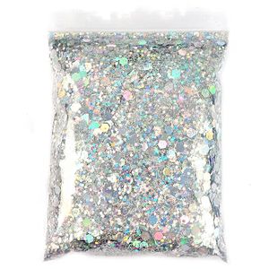 Acrylpoeders Vloeistoffen 50G Holografisch Gemengde Zeshoekige Vorm Dikke Nagelglitter Zilveren Pailletten Laser Sparkly Vlokken Plakjes Manicure Nagels Kunstdecoratie 231005