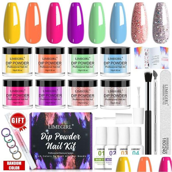 Polvos acrílicos Líquidos Polvos acrílicos Líquidos Limegirl Dip Nail Powder Set No necesita lámpara Cura Color Brillo iridiscente Natural Seco Dhjdg