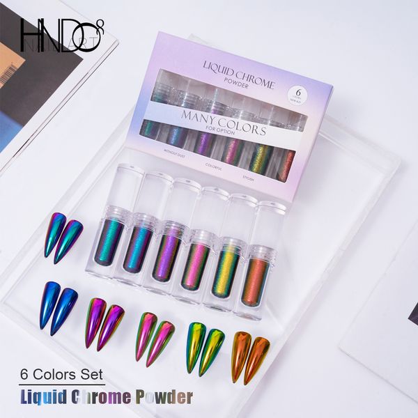 Polvos acrílicos Líquidos HNDO Tubo pequeño Polvo de cromo líquido Juego de 6 colores Aurora Chameleon Nail Glitter para decoración profesional de uñas Manicura Pigmento 230925