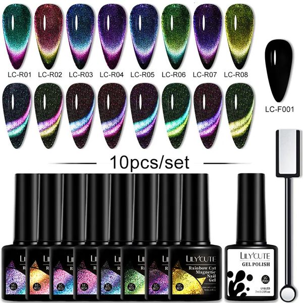 Poudres acryliques liquides LILYCUTE 10PCS SET Gel Vernis à ongles 9D Réfléchissant Glitter Cat Ensemble magnétique avec bâton Soak Off Art Vernis 231213