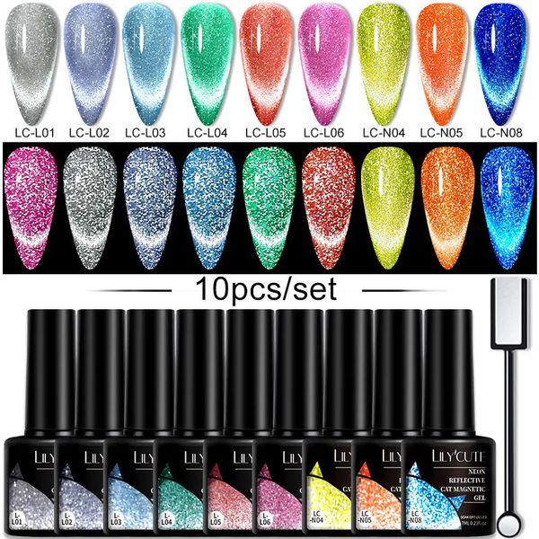 Poudres acryliques liquides LILYCUTE 10PCSSET Gel Vernis à ongles Lumineux Réfléchissant Chat Magnétique Avec Bâton Glow In the Dark Art UV kit 231023