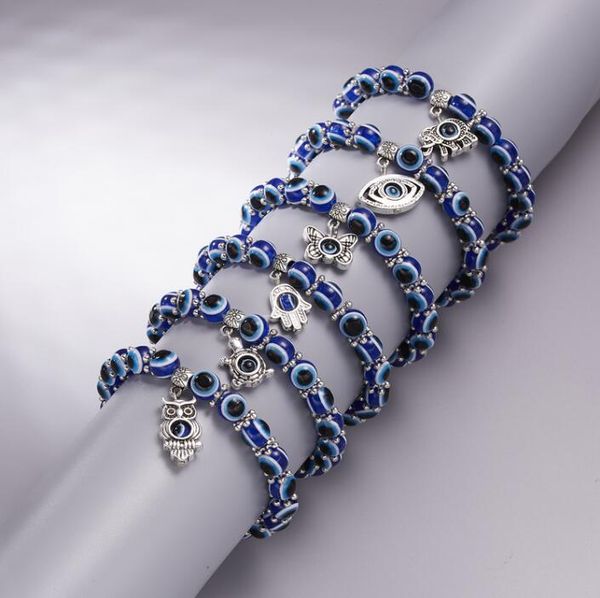 Acrílico Religioso Charms Lucky Hand Beaded Strands Stretch Bracelet Jewelry Evil Blue Eyes Bead Bracelet para Mujeres Hombres Jewellry Party Gift