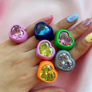 Anillos de resina acrílica con diamantes de imitación, anillo ajustable con apertura de circón de cristal de corazón brillante para mujeres y niñas, joyería