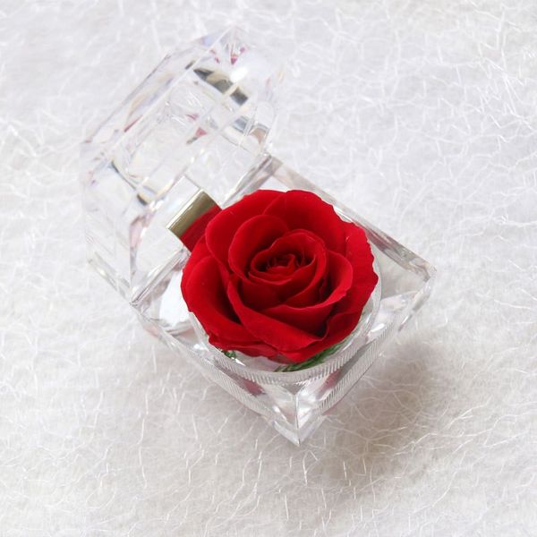 Caja de anillo de acrílico Caja de anillo creativa de boda de flor de rosa eterna Caja de embalaje de regalo de compromiso de San Valentín de moda