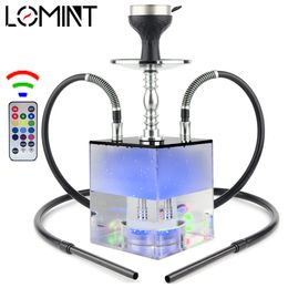 Ensemble de narguilé carré acrylique 2 tuyaux Shisha Boîte complète avec belle lumière LED RVB chauffage de tabac en acier inoxydable Chicha Nargile 42cm 240429