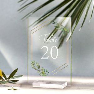 Acryl -trouwtafel Numbers 120 met stands Clear Sign Place Cards Gold Trim rustiek voor jubileum Bridal 240510