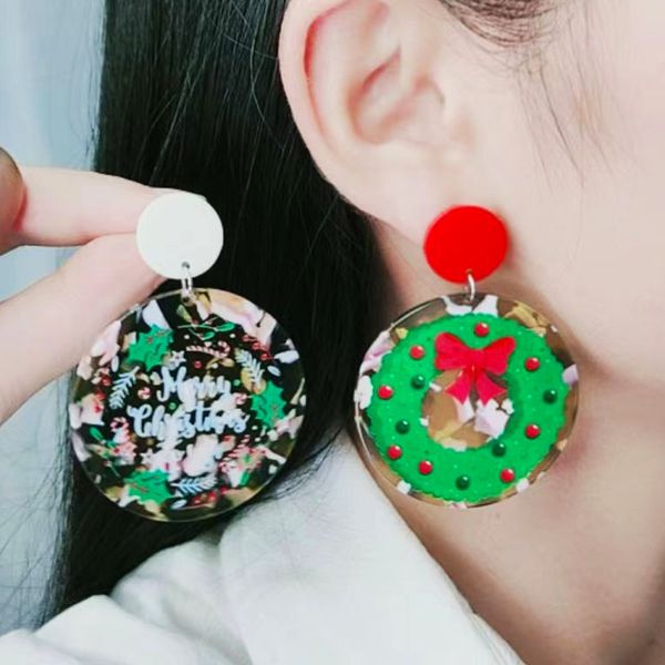 Pendientes de tuerca de Navidad de acrílico para mujeres y niñas, colgante de placa redonda, pendiente de gota de acetato, muñeco de nieve, cascabel, alce, lazo, colgante, letra de Feliz Navidad, regalo de joyería