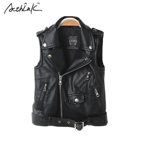 ActhInK Nouveaux Garçons Hiver Faux Cuir Gilet Manteau Actif Adolescent Garçons Veste De Moto Enfants Printemps PU Cuir Gilet Manteau, C294 201127