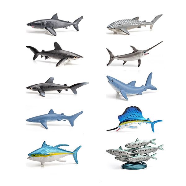 Figurines d'action 10pcs Mini Poissons de haute mer Sardine Requins Baleine Voilier Modèle Figure Mer Marine Océan Animal Miniature Décoration Playsets Jouets 230617