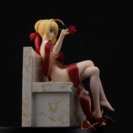 Actie Speelfiguren 15CM Anime Figuur Fate Stay Night Sabre Nero Sexy Rode Badjas Zittende Pose Tafelblad Collectie Decor Statische Pop