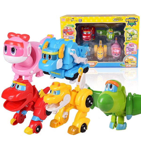 Action Toy Figures 5pcs / set ABS Min Déformation Gogo Dino Figurines REX Transformation Voiture Avion Bateau À Moteur Grue Dinosaure jouets pour Enfants 230217