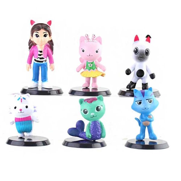 Action Toy Figures 6pcs Set PVC Gabby Dollhouse Figure Toy Mercat Cartoon Animaux en peluche Souriant voiture Cat Hug Gaby Girl Dolls Kids Birthday Gifts T240428