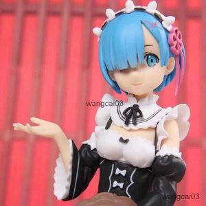 Actie speelgoedcijfers Anime Blue Hair Service Girl Figuur Rem Cake Sitting Toys Model Cute Dolls Toy Gifts Sculptuur Ornamenten Box Packaging