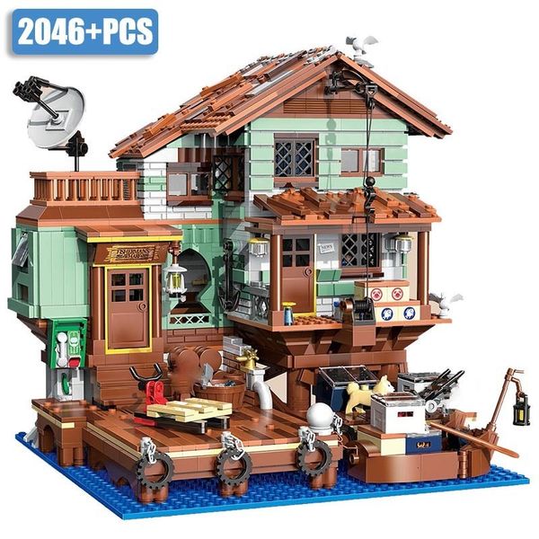 Action Figurines Ville 20 pcs Vieux Fisherman s Wharf Mini Taille Blocs de Construction MOC Maison en Bois Pêcheur Cabane Briques Jouets Pour Enfants Cadeaux 230721