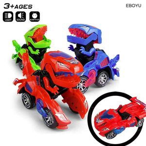 Action Toy Figures EBOYU Dinosaur Car Toys Transformable Dinosaur Car Pull Back Car Toy Electric 360ﾰSpin with Light Music Action Walking for Kids 230217