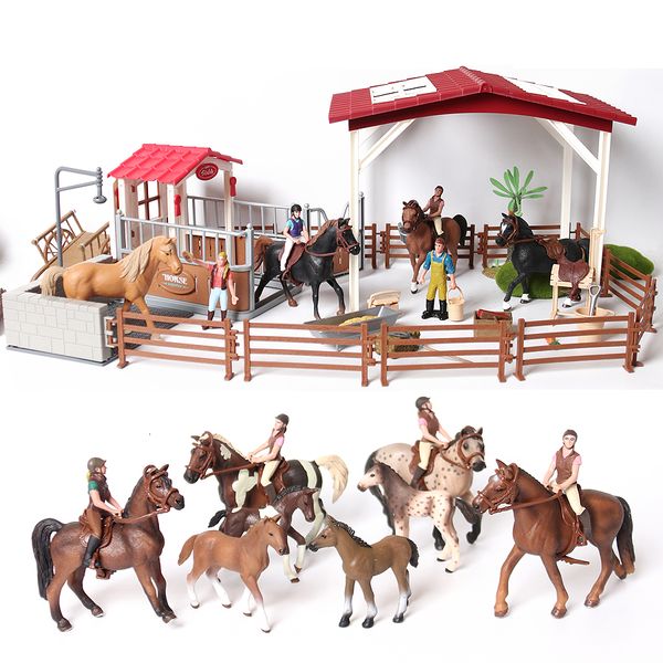 Figuras de juguete de acción Escuela de equitación estable de granja con jinetes y caballos Horseman Foals Playset Modelo Animal Figurilla Regalo de cumpleaños de Navidad 230615