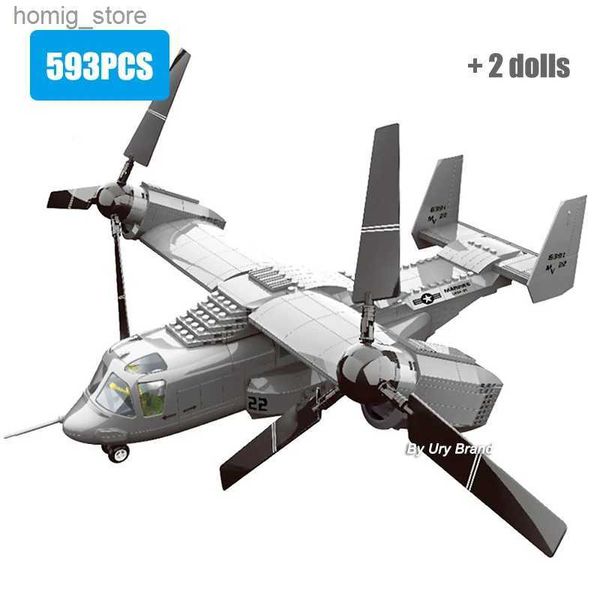 Figuras de juguete de acción Militar Morden Army US V-22 Osprey Tiltrotor Aircraft Warplane Warplane Conjuntos de bloques de construcción modelo Juguetes para niños Regalos Y240415