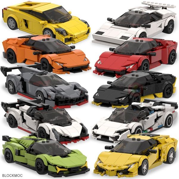 Figuras de juguete de acción MOC Brick Lambo Poison V2 Gallardo Hurricane Aventador SVJ Countach Sian Miura Racing Champion Block Vintage Car Toy 230720