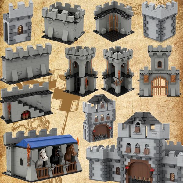 Figuras de juguete de acción MOC Arquitectura militar medieval Bloque Ciudad Muralla Puerta del castillo Torre Caballero Romano Espartaco Arma Accesorios Juguetes para niños 230720