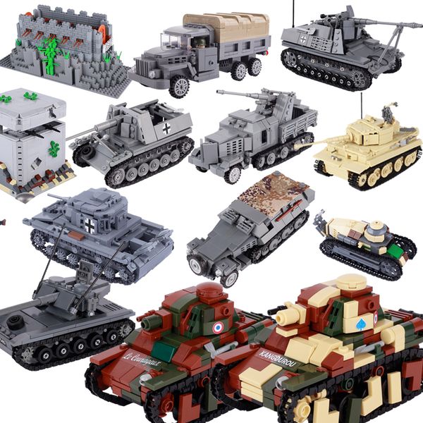 Figuras de juguete de acción MOC WW2 Vehículo militar Tanque de batalla principal Bloque de construcción Vehículo blindado estadounidense alemán Soldado del ejército Luchador digital Ladrillo Juguete de regalo 230720