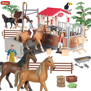 Action Toy Figures Oenux Farm Stable House Model Action Figures Emulational Horseman Horse Animals Playset Figurine Cute Educational Kids Toy Gift 230203