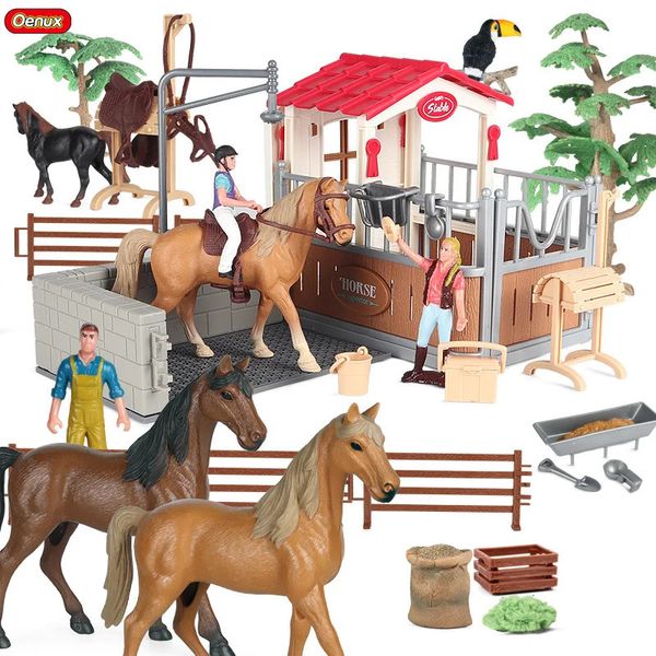 Figuras de juguete de acción Oenux Farm Stable House Modelo Figuras de acción Emulacional Jinete Caballo Animales Playset Estatuilla Lindo Educativo Niños Juguete Regalo 231206