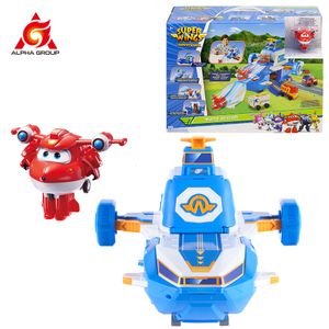 Actie speelgoedcijfers Super Wings S4 Air Moving Base With Lights Sound World Aircraft Playset omvat Jett Transforming Bots Toys For Kids Gift 230422