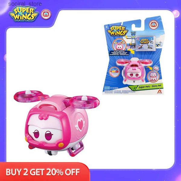 Acción Figuras de juguete Super Wings Super Pets Push Botón para cambiar expresiones con luces Ruedas reales Figuras de acción Toyes para niños apilables Regalos para niños L240402