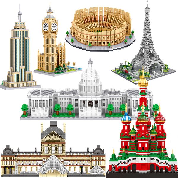 Figurines d'action Architecture urbaine Statue de la Liberté Big Ben Tour Eiffel mini bloc de construction correspondant Moscou Cathédrale de Londres jouets de construction en diamant 230720