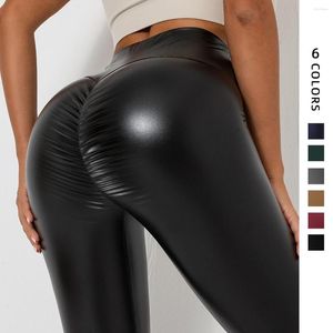 Pantalon actif 2023 femmes en cuir PU coloré taille haute serré mince vêtements extérieurs Yoga fond