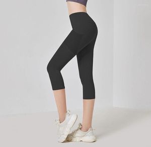 Actieve broek 3/4 yoga dames gym leggings mesh pocket zwarte kalf lengte vrouw fitness sport capri pant vrouwelijke hoge taille