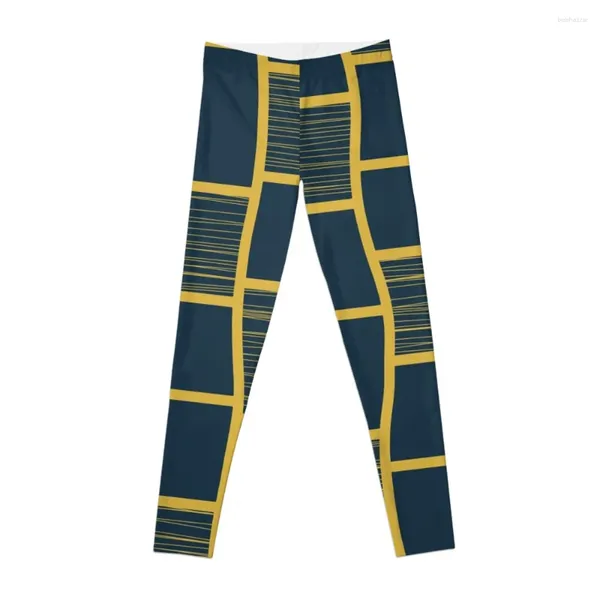 Pantalon actif abstrait carrés funky motif bleu marine et moutarde jaune yoga yoga porte sportive femme gym