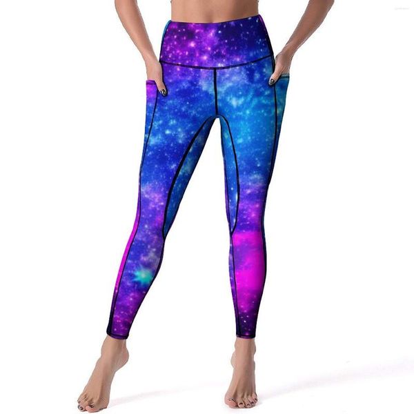 Pantalon actif abstrait galaxie Yoga dame bleu et rose Leggings taille haute Kawaii Legging séchage rapide graphique course Sport