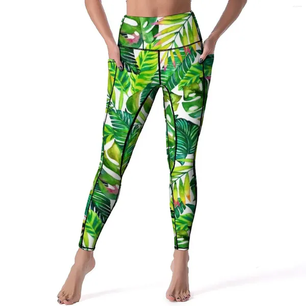 Pantalon actif feuilles de banane Leggings imprimés poches tropicales Palm Custom Yoga Push up Fitness Legging Kawaii Stretch Sport