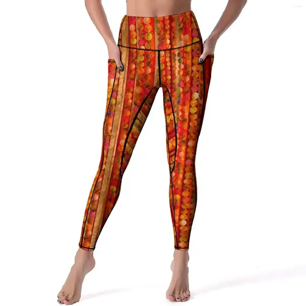 Pantalones activos cuentas y rayas de yoga rojas gemstone estampado fitness leggings de cintura alta deportivo vintage legging