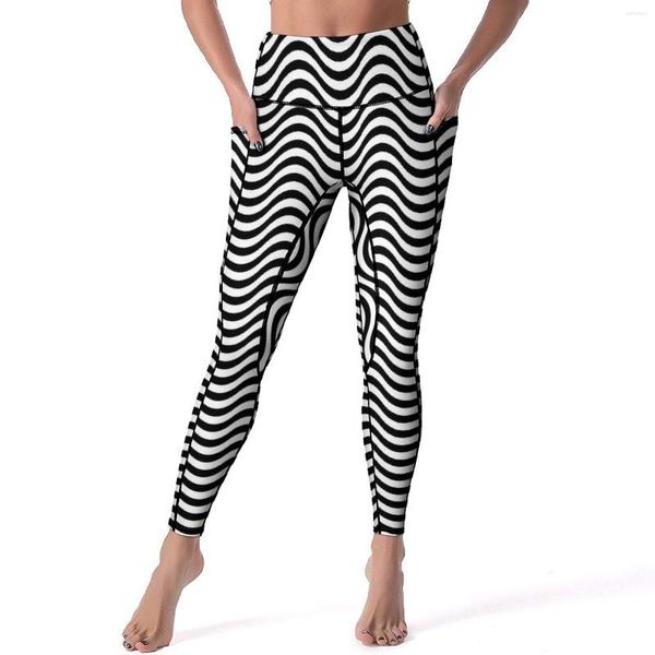Pantalon actif de Yoga ondulé noir et blanc pour femmes, Leggings à rayures, taille haute, Vintage, motif élastique, collants de sport de course