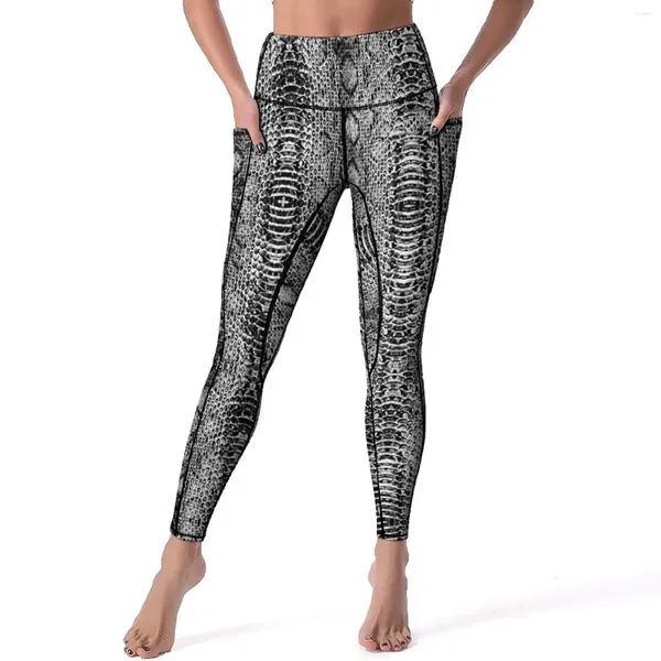 Pantalon actif noir blanc peau de serpent Leggings poches imprimé Animal Design Yoga Push Up Fitness course Legging extensible Sport