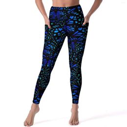 Actieve broek Blauwe vlinderlegging Schattig dier Hardlopen Yoga Dame Push-up esthetische sportlegging met zakken Sneldrogende legging