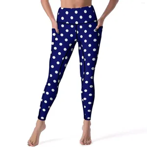 Pantalon actif, Leggings à pois bleus, imprimé rétro, entraînement, gymnastique, Yoga, taille haute, collants de sport esthétiques, Design extensible