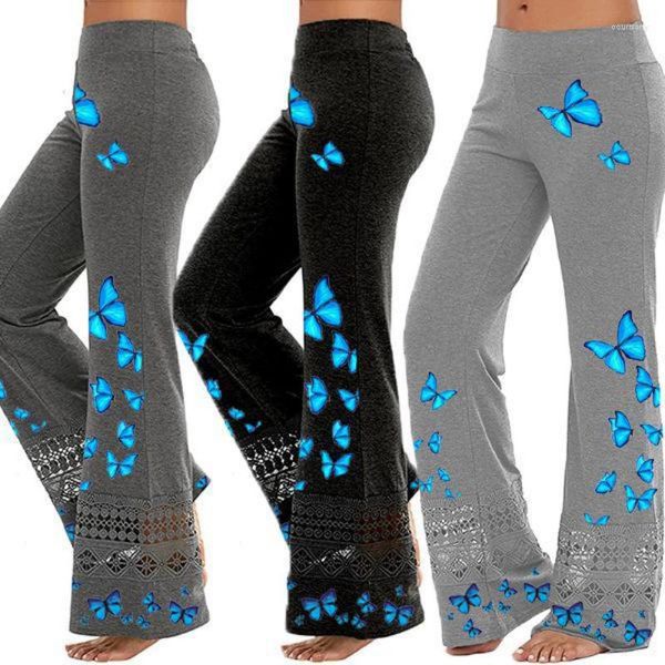 Pantalones activos Casual mariposa estampado Rhinestone Yoga Flare Leggings mujeres encaje hueco pierna ancha deportes Leggins