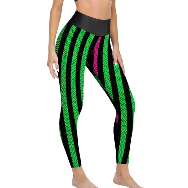 Pantalon actif Colorblock Yoga néon vert rayures Leggings de gymnastique pousser sans couture Sport femme Vintage personnalisé Legging cadeau