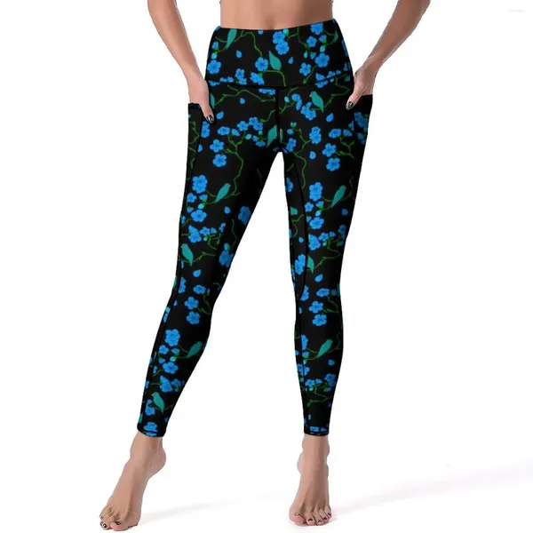 Pantalones activos Leggings con estampado de pájaros bonitos, estampado de flores azules, para correr, Yoga, cintura alta, bolsillos deportivos dulces, Legging de diseño elástico