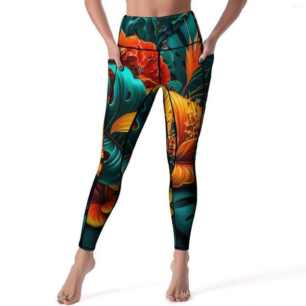 Pantalon actif élégant Leggings tropicaux feuilles et fleurs Push Up Yoga mignon Legging à séchage rapide dame conception sport collants