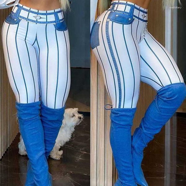 Pantalon actif Mode Denim Stripe Imprimer Femmes Sports Leggings Taille haute Courir Sexy Serré Fitness Entraînement Yoga Gym Push Up Cowboy