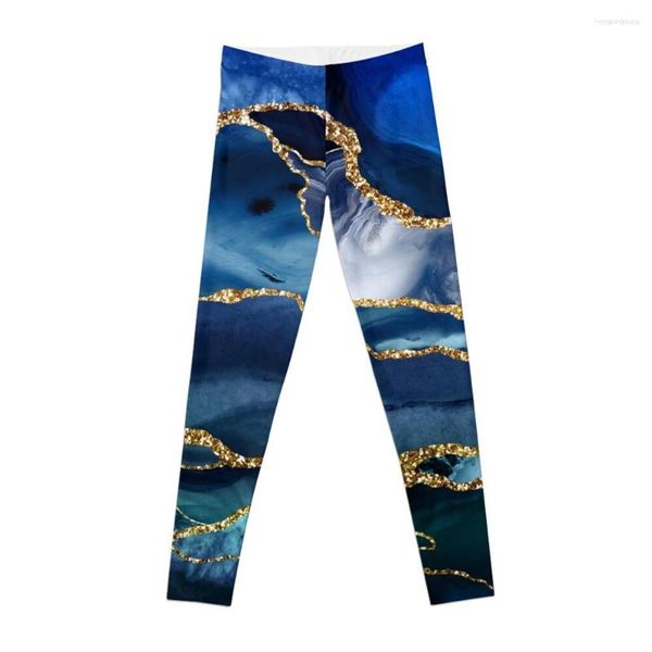 Active Pants Faux Classic Blue Malachite Marble Leggings For Fitness Gym Women In Capris Womens