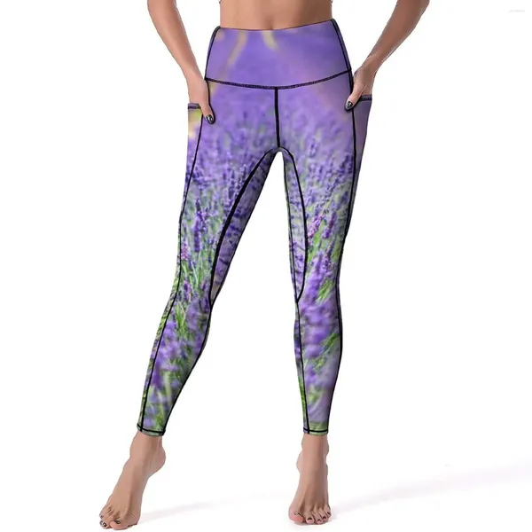 Pantalones activos Campos de Leggings Lavender Flores Fitness impresas Running Yoga Push Up Fijas deportivas básicas Diseño de secado rápido Legging